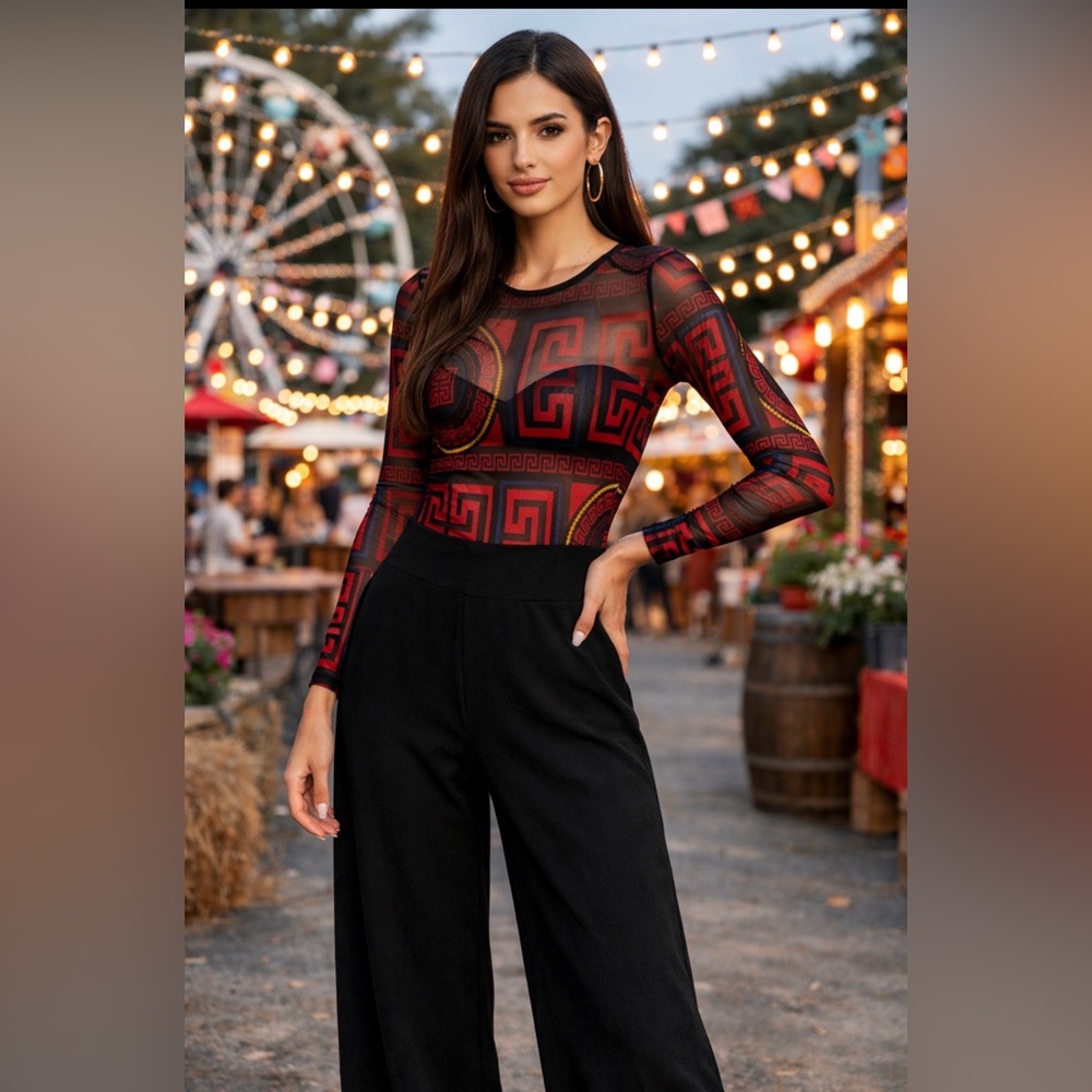 Elegant Geometric Red and Black long sleeve jumpsuit Size S